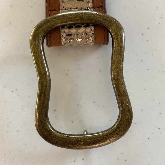 Chico\'s Shiny Gold Faux Snakeskin Brown Leather Belt Antique Brass Hook Buckle main image 8